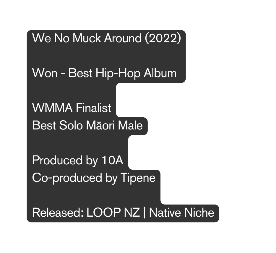 We No Muck Around 2022 Won Best Hip Hop Album WMMA Finalist Best Solo Māori Male Produced by 10A Co produced by Tipene Released LOOP NZ Native Niche